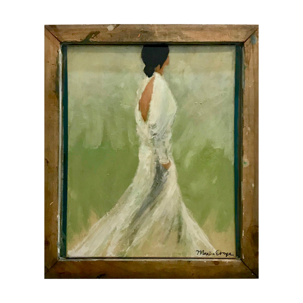 mixed media abstract bridal painting maxine orange bride silk charmeuse nicole paloma dress green gloss resin with frame made from upcycled silk screen tray 16x20 framed painting