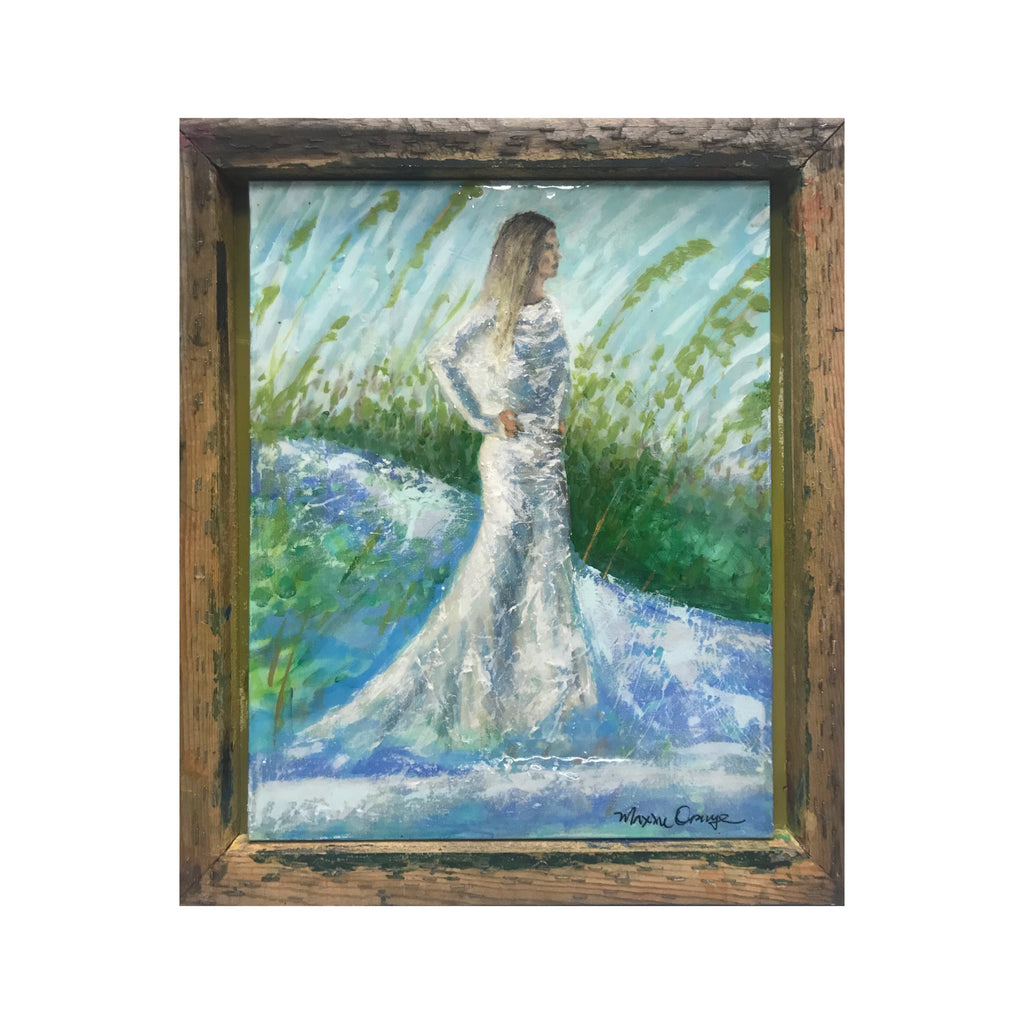 maxine orange abstract textured painting of fashionable bride on beach with sea oats and white sand dunes, heavy gloss resin and frame created from weathered wood up-cycled silk screen printing tray