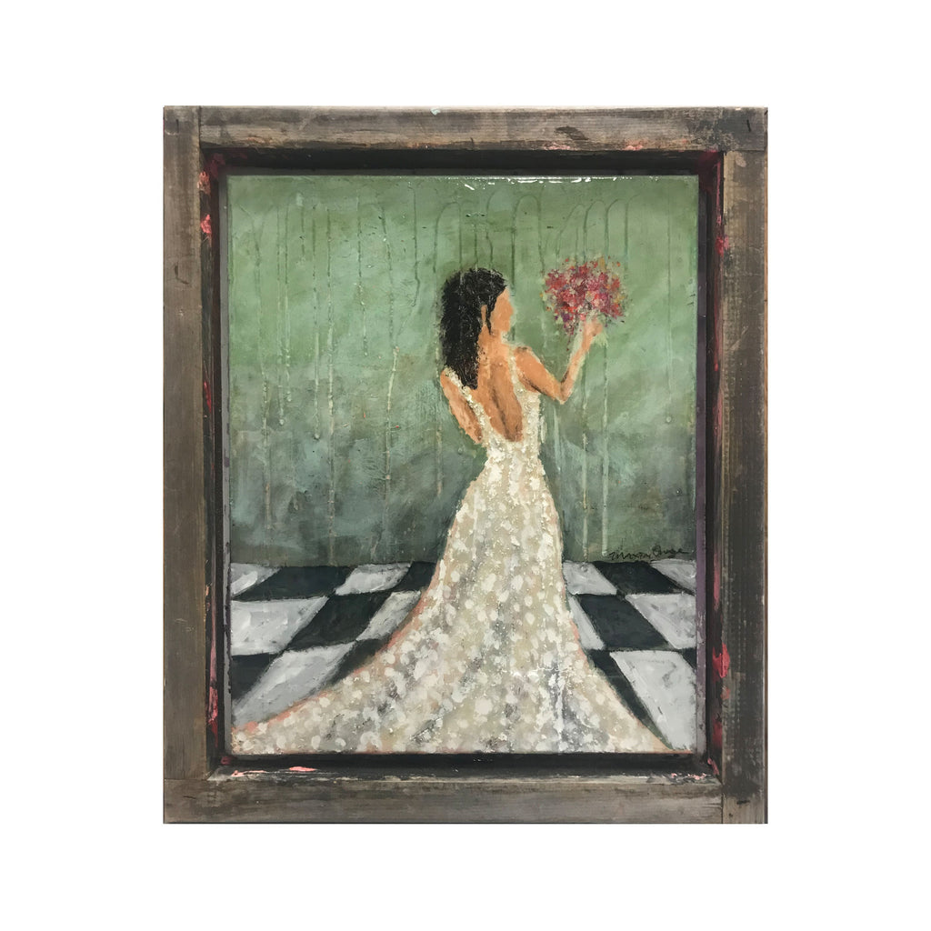 mixed media abstract bridal painting maxine orange checkerboard floor bride throwing bouquet green gloss resin  with frame made from upcycled silk screen tray 16x20 framed painting